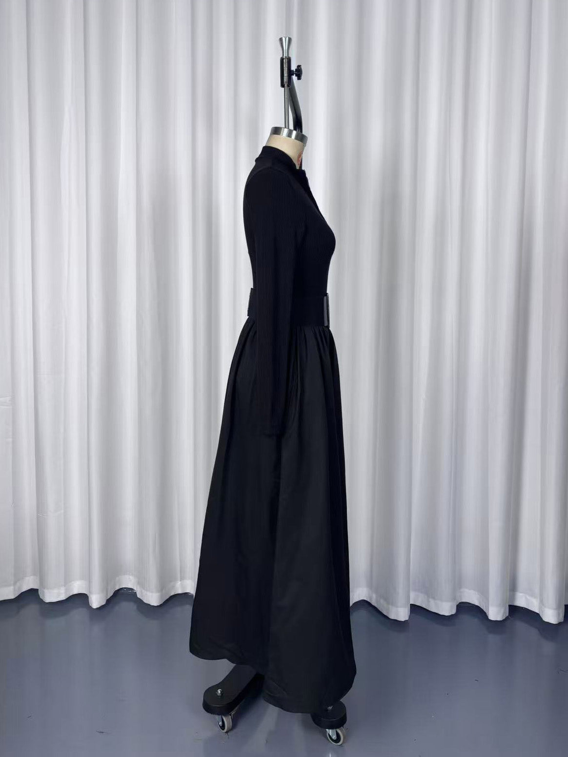 Half Zip Ribbed Knit Patchwork Belted Long Sleeve A-Line Maxi Dress For Women 2026
