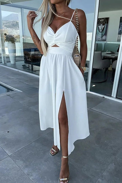 Twist Front Spaghetti Strap Cutout Crop Top High Slit Midi Skirt Set