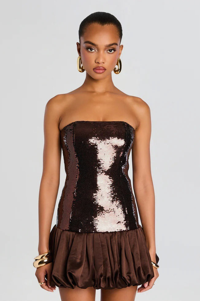 Sequined Off-Shoulder Babydoll Slim Party Dress