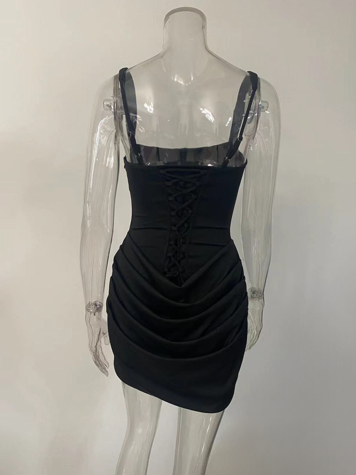 Square Neck Lace Up Back Corset Ruched Mini Bodycon Dress For Women 2026