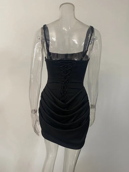 Square Neck Lace Up Back Corset Ruched Mini Bodycon Dress For Women 2026