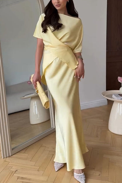 Secret of Elegance Satin Slit Back Lace-up Top and Elastic Waist Flare Maxi Skirt Set