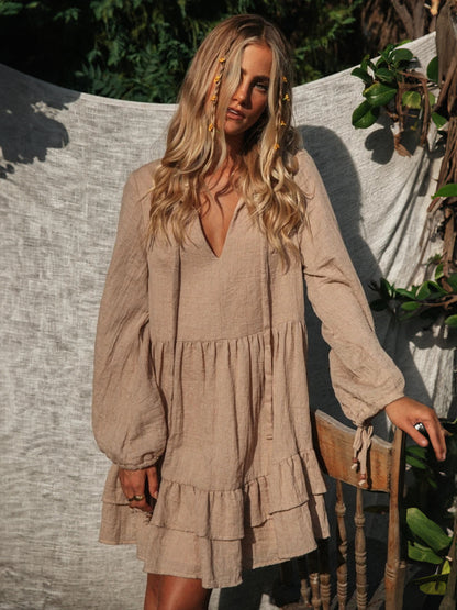 Boho Lantern Sleeve Mini Dress for Women - Cotton Blend V Neck Tiered Ruffle Loose Fit Smock - Spring Casual Resort 2026