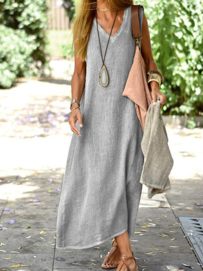 Linen Slub Texture Sleeveless Scoop Neck Relaxed Column Maxi Dress
