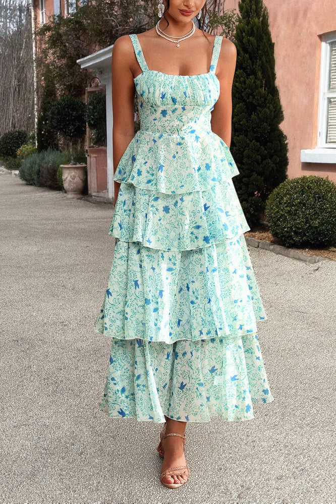 Square Neck Ruched Wide Strap Tiered Toile Floral Print Maxi Dress