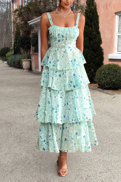 Square Neck Ruched Wide Strap Tiered Toile Floral Print Maxi Dress