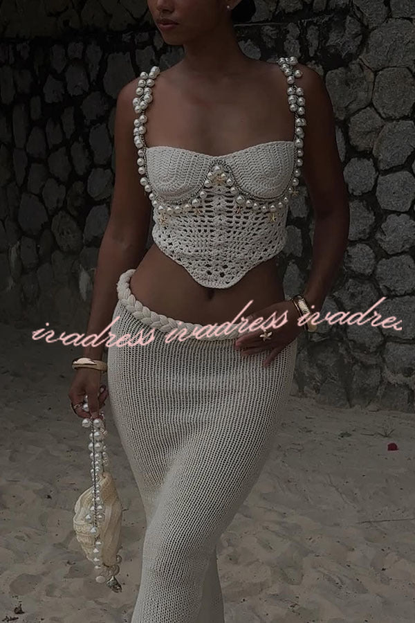 Mirina Hollow Crochet Knit Pearl Trim Heart Collar Crop Vacation Tank