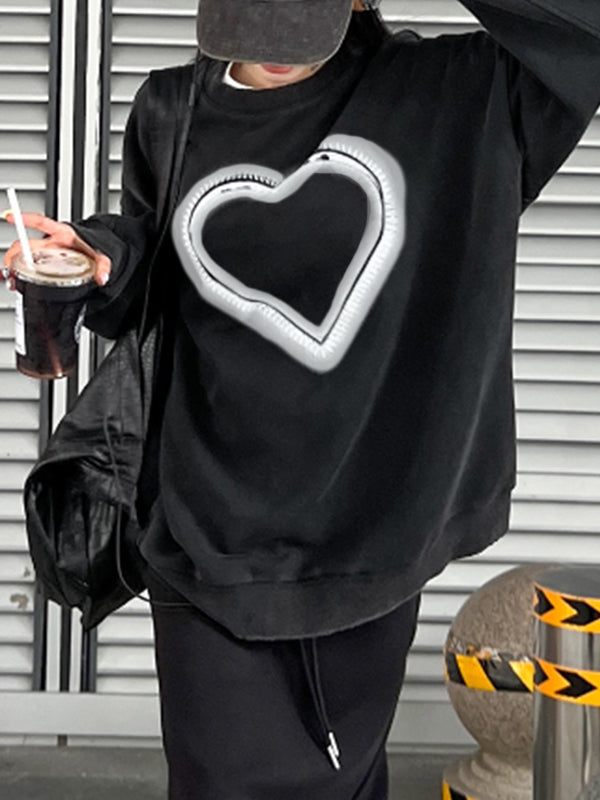 Distressed Heart Print Crew Neck Sweatshirt