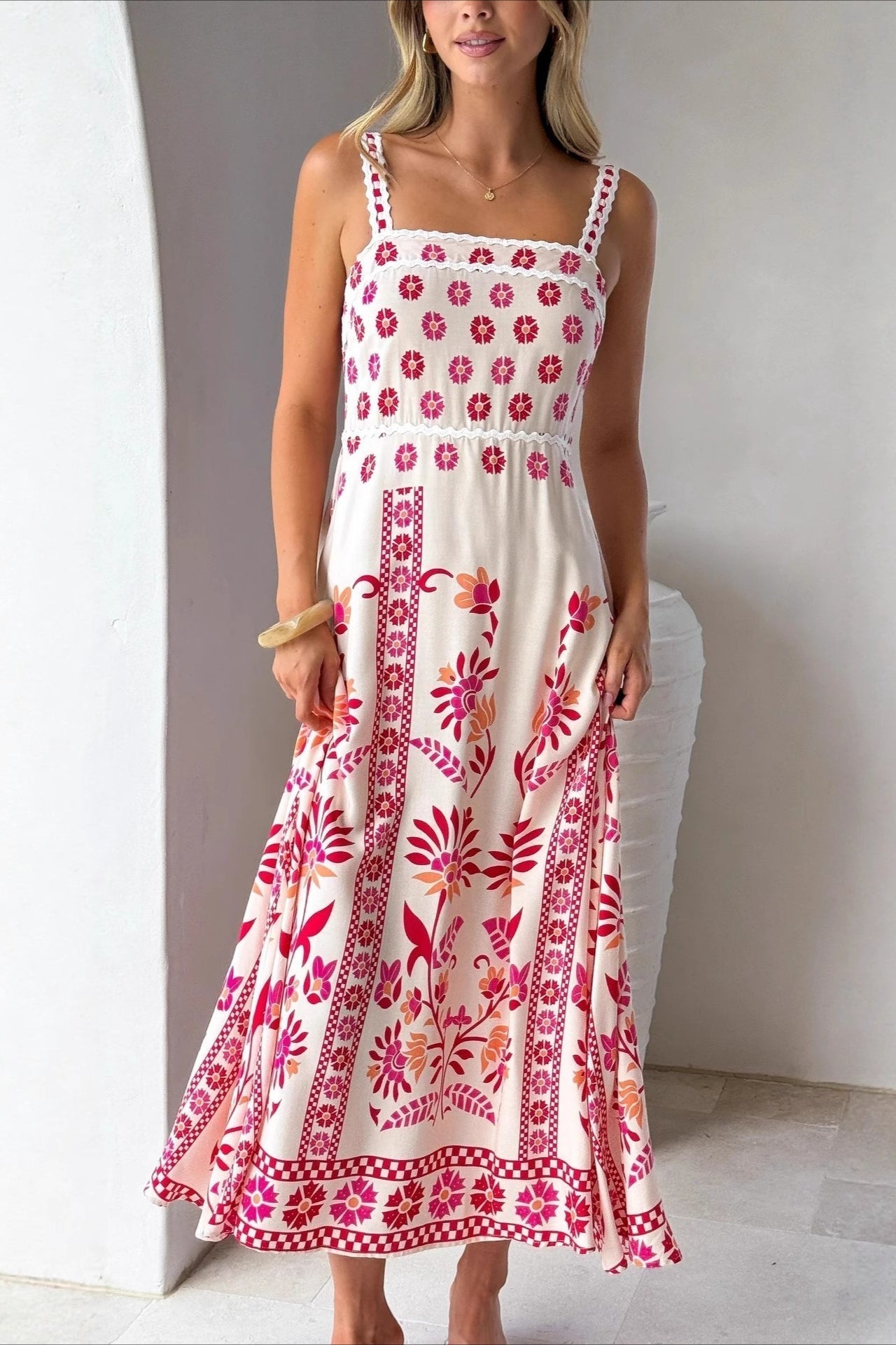 Scalloped Trim Square Neck Panel Print Border Hem Maxi Dress