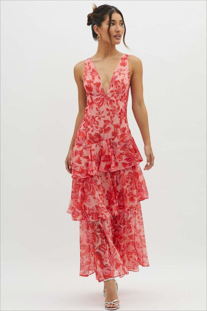 Deep V Neck Sleeveless Tiered Ruffle Floral Maxi Dress