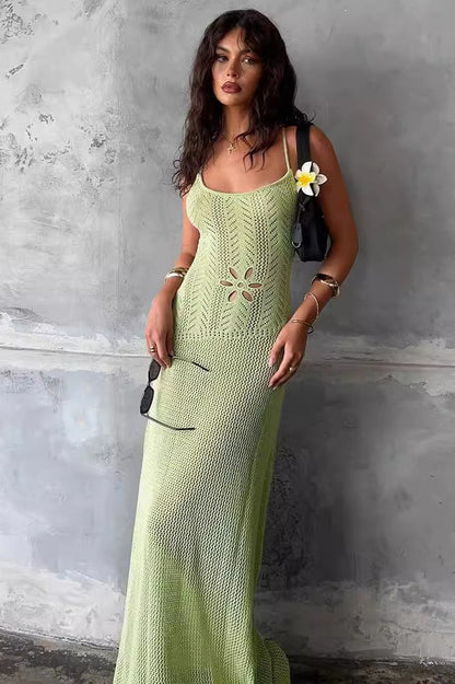 Open Knit Crochet Spaghetti Strap Floral Cutout Bodycon Maxi Dress