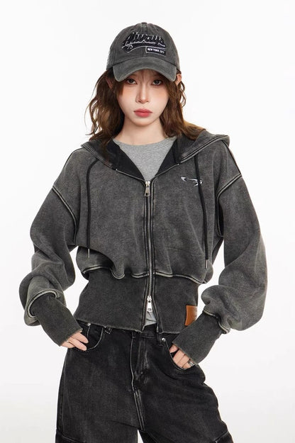 Washed Embroidered Cropped Hoodie