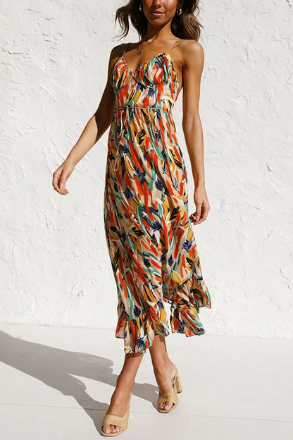 Abstract Brushstroke Print Spaghetti Strap Ruched Cup Tie-Waist Ruffle Hem Midi Dress