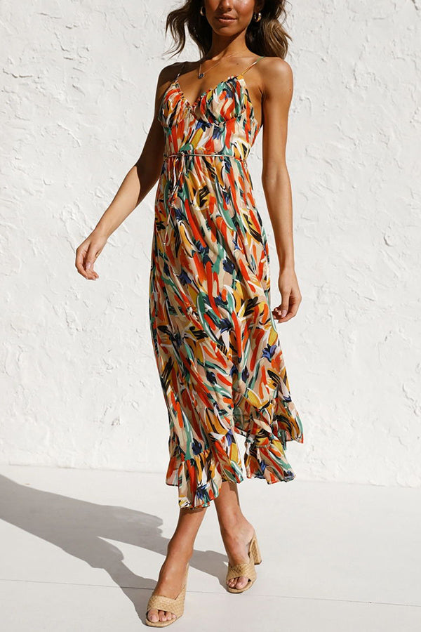 Abstract Print Spaghetti Strap V-Neck Drawstring Waist Tiered Ruffle Midi Dress