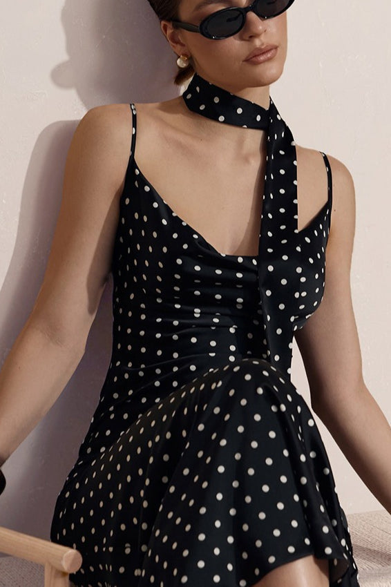 Cowl Neck Polka Dot Neck Scarf Spaghetti Strap Bodycon Midi Dress