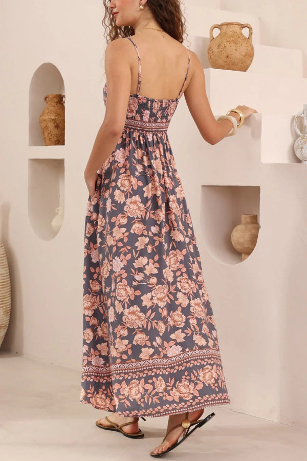 Floral Print Sleeveless Square Neck Backless Casual Vacation Maxi Dress