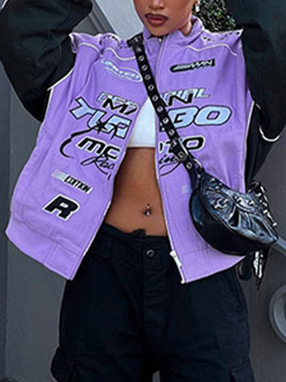 Color Block Splice Print Motorcycle Jacket
