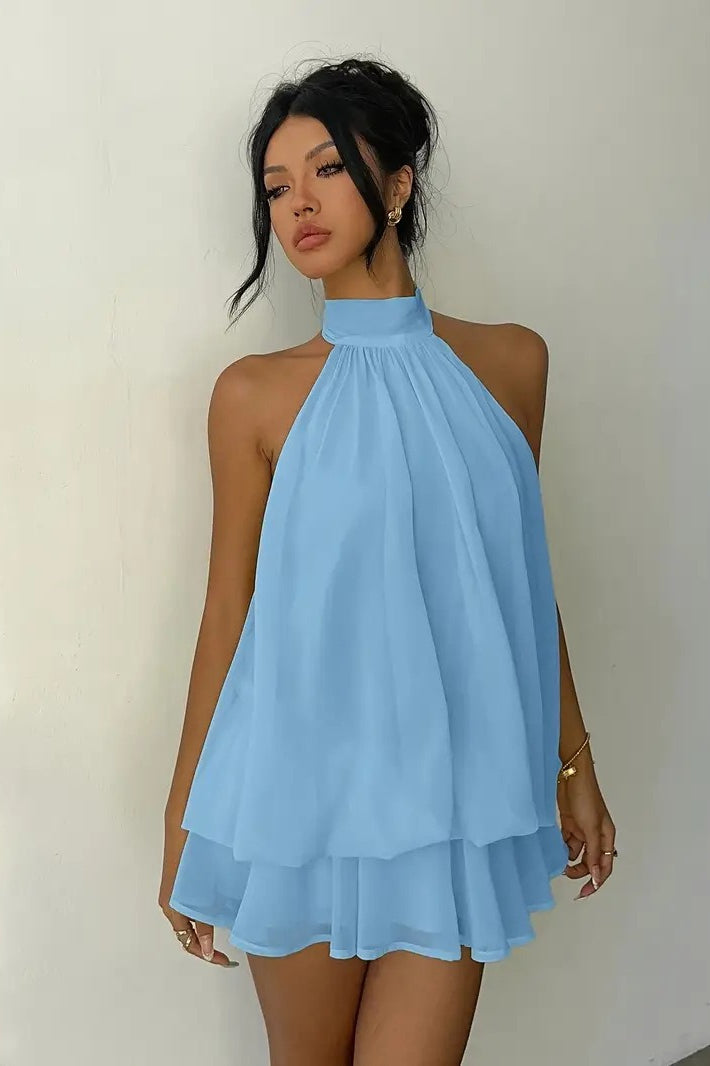Pleated Halter Neck Tiered Ruffle Chiffon Trapeze Mini Dress