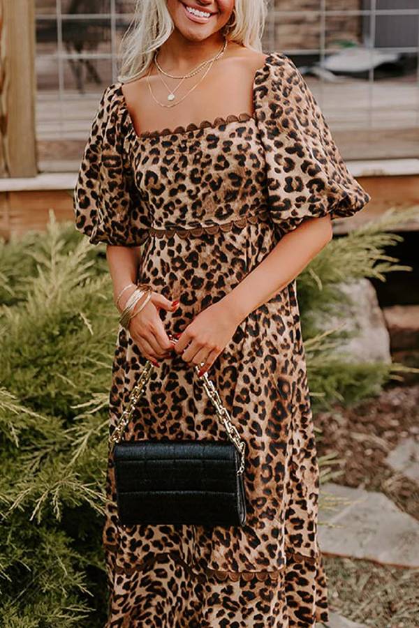 Print Square Neck Scalloped Lace Trim Puff Sleeve Tiered Maxi Dress