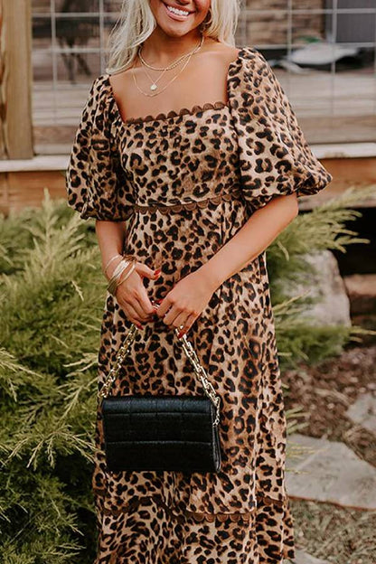 Print Square Neck Scalloped Lace Trim Puff Sleeve Tiered Maxi Dress