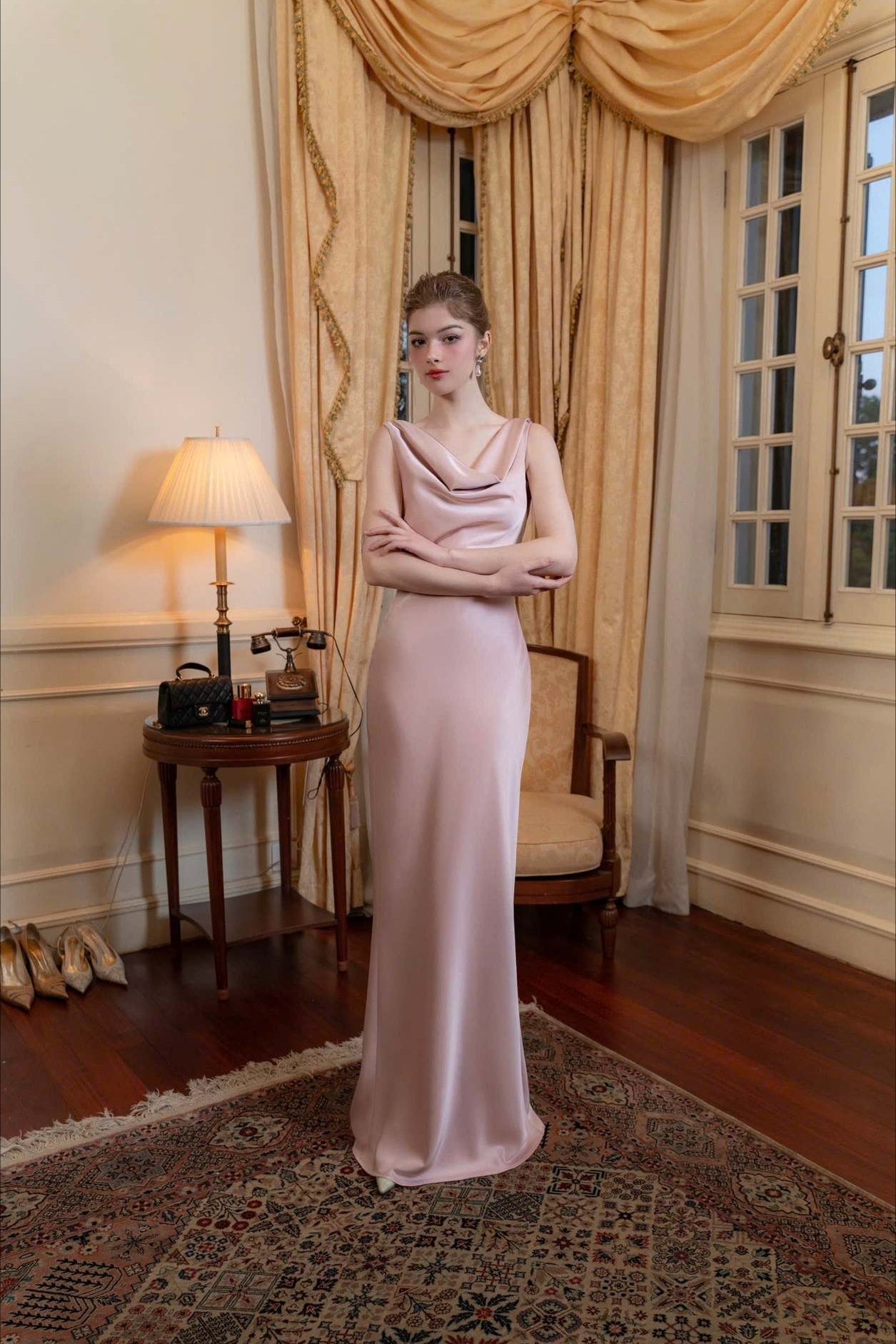 | Solid Satin Evening Maxi Dress