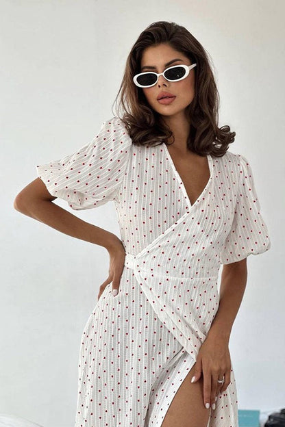 Heart Print Puff Sleeve Wrap V-Neck Front Slit Midi Dress