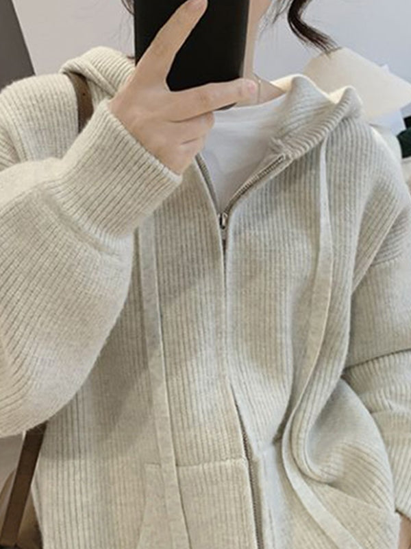 Solid Hooded Zip Up Knit Cardigan