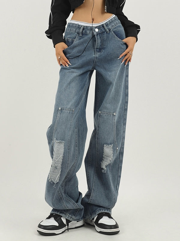 Washed Tattered Dangle Boyfriend Jeans