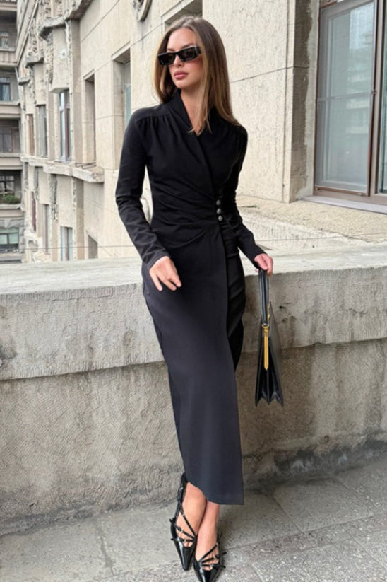 Ruched Wrap Surplice Long Sleeve Side Button Midi Dress