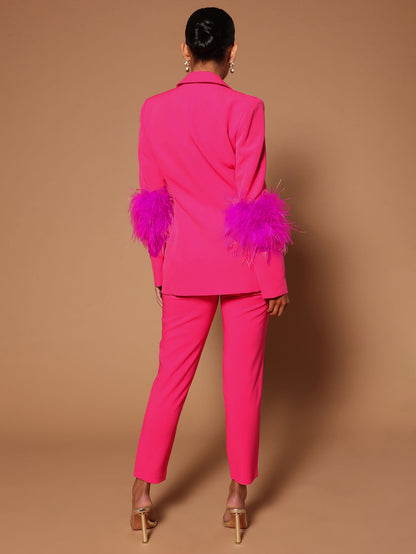Pant Set Lapel Deep V-Neck Feathers Sexy Women Suits