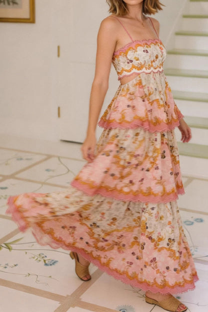 Daylight Unique Print Cutout Waist Back Lace-up Tiered Hem Maxi Dress