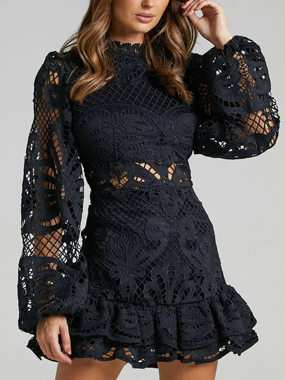 Floral Guipure Lace Mock Neck Bell Sleeve Tiered Ruffle Hem Mini Dress