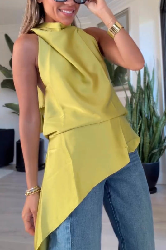 Misty Aura Satin Halter Tie-up Neck Open Back Drape Hem Top