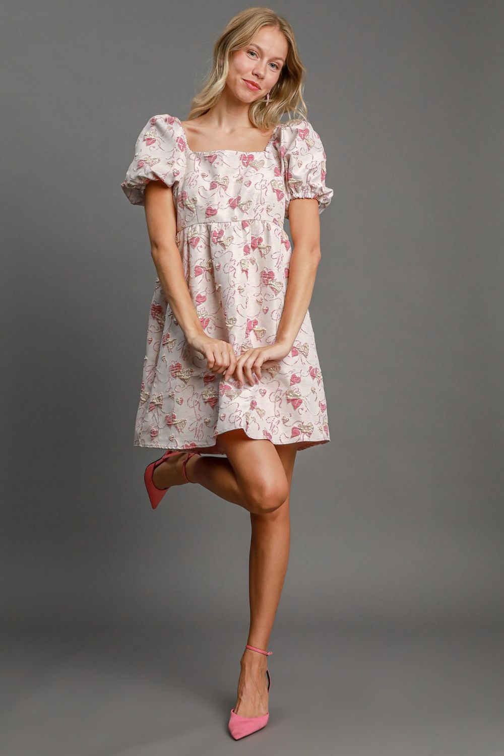 Heart and Bow Jacquard Square Neck Puff Sleeve Babydoll Mini Dress