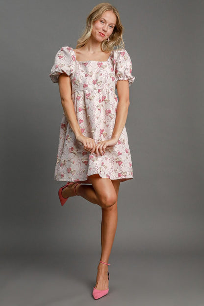 Heart and Bow Jacquard Square Neck Puff Sleeve Babydoll Mini Dress