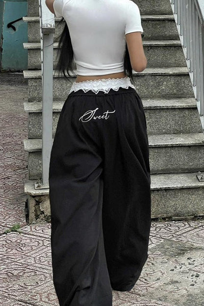 Contrast Waist Lace Trim Relaxed Long Pants