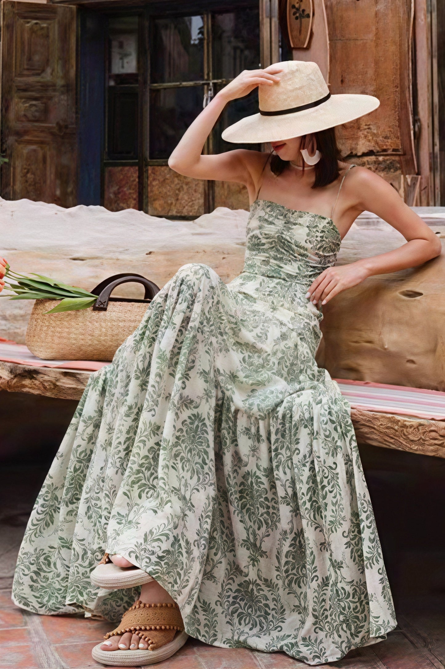 Damask Floral Print Spaghetti Strap Ruched Bust Maxi Dress