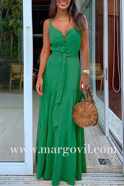 Margovil Buttons V Neck Sleeveless Tie Waist Maxi Swing Dress