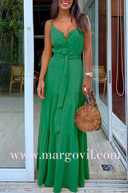 Margovil Buttons V Neck Sleeveless Tie Waist Maxi Swing Dress
