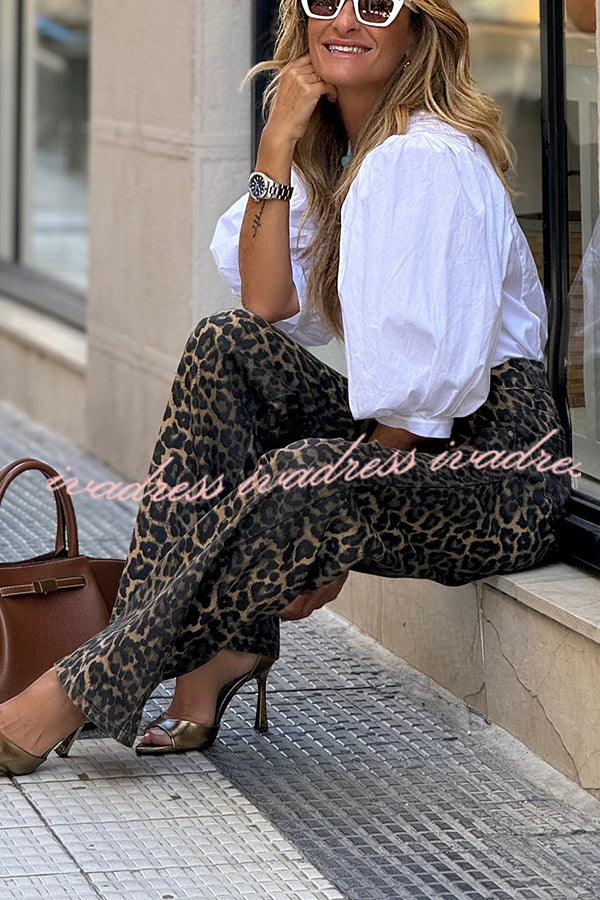 Wild Feel Denim Leopard Print High Rise Wide Leg Pocketed Jeans