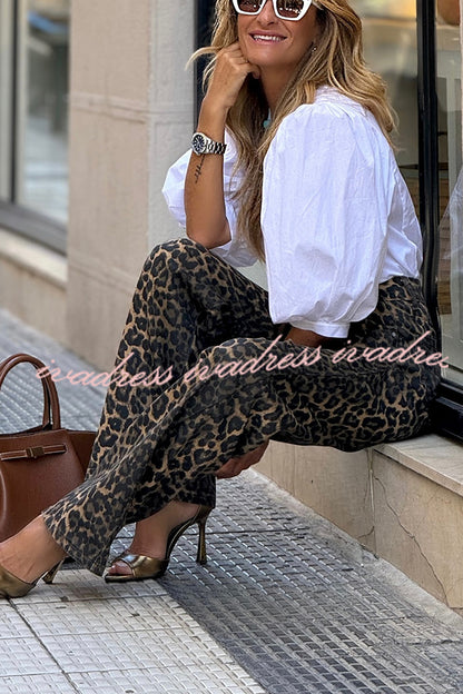 Wild Feel Denim Leopard Print High Rise Wide Leg Pocketed Jeans
