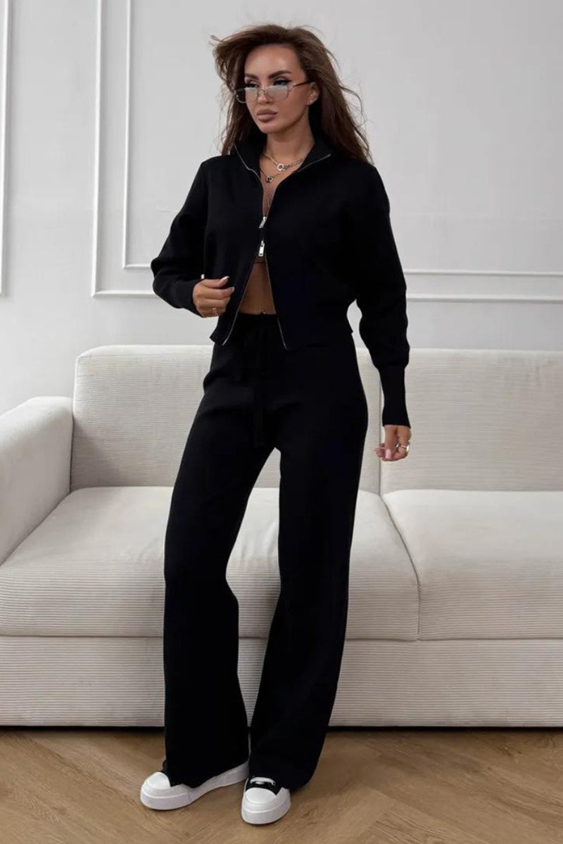 Long Sleeve Zippered Cardigan Knit Set