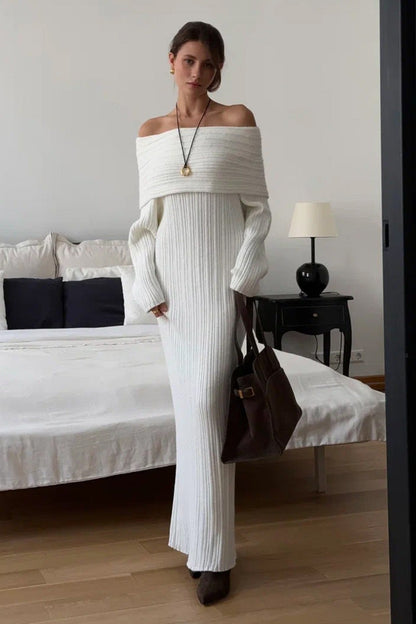 | Solid Off Shoulder Bodycon Knit Maxi Dress