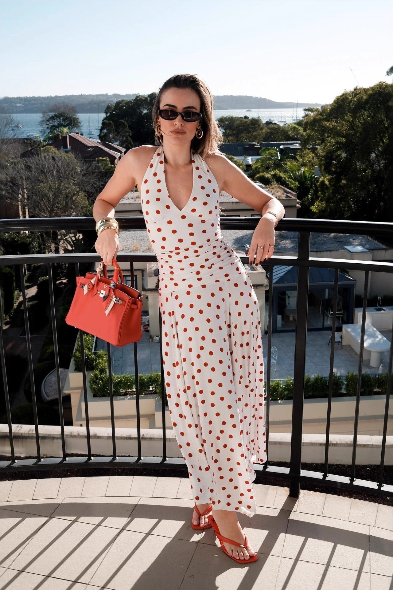 Polka Dot Halter V-Neck Ruched Crop Top Wide Leg Jumpsuit