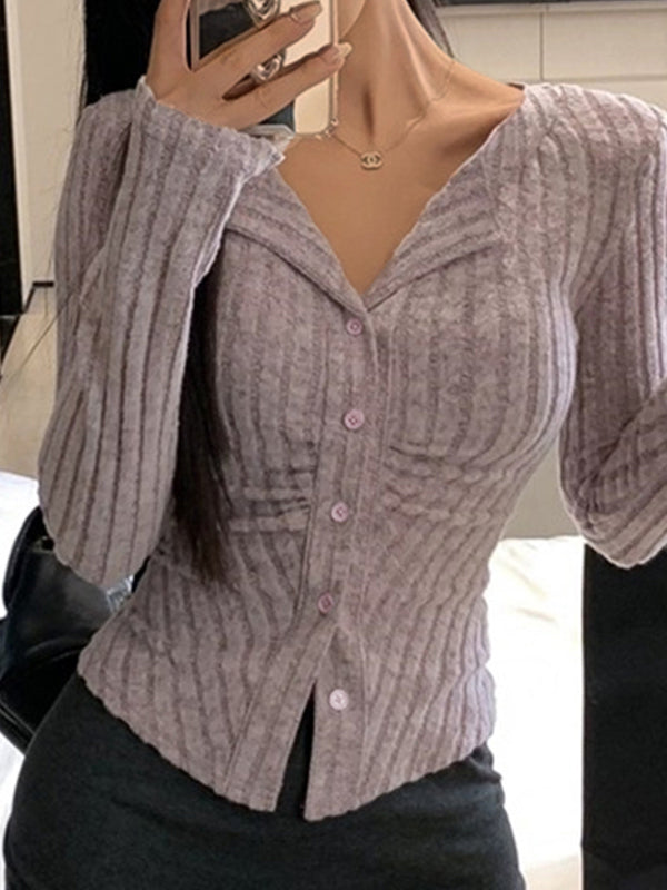 Lapel Neck Ruched Slim Long Sleeve Knit