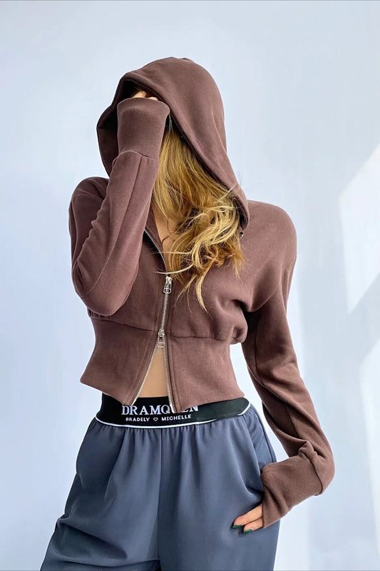 Solid Dual Zipper Slim Cropped Hoodie