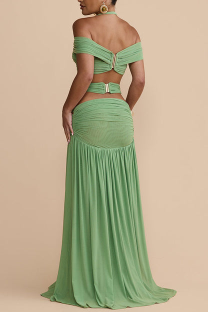 Martina Stretch Mesh Gold Metal Detail Gathered Cutout Waist Vacation Maxi Skirt