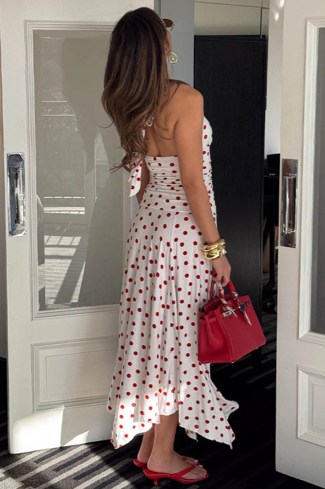 Polka Dot Halter V-Neck Ruched Crop Top Wide Leg Jumpsuit