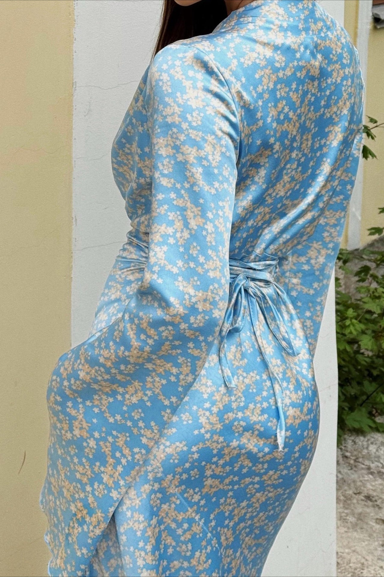 Deep V Neck Bell Sleeve Scattered Floral Satin Maxi Gown