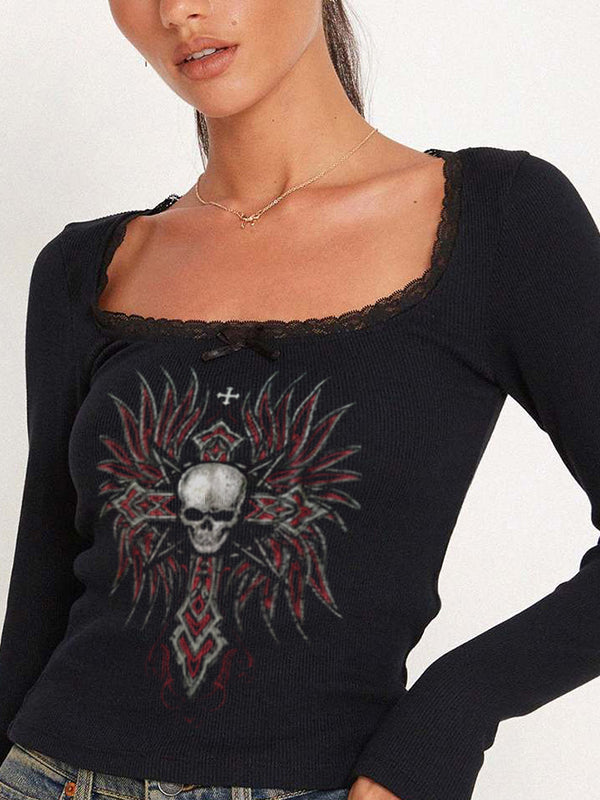 Skull Cross Print Lace Trim Long Sleeve Knit